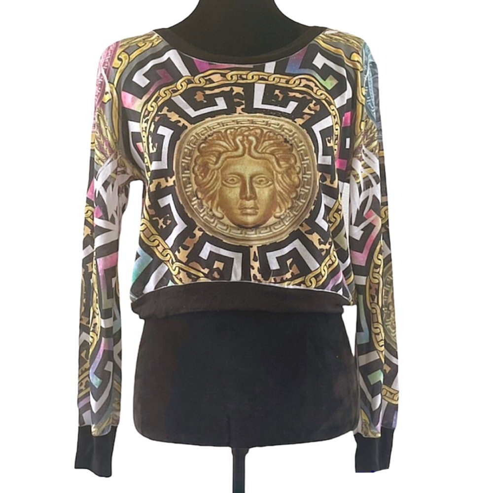 SJ Style Long Sleeve Crew Neck Egyptian Print Crop Top Small